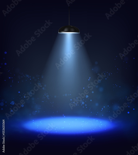 3d realistic vector light effect. Lamp illuminated spotlight on dark background with  blue glow.