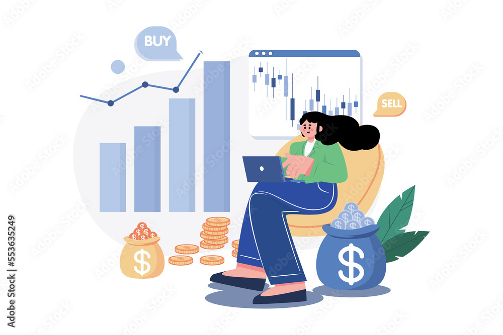 Girl Investing In Stocks Illustration concept on white background