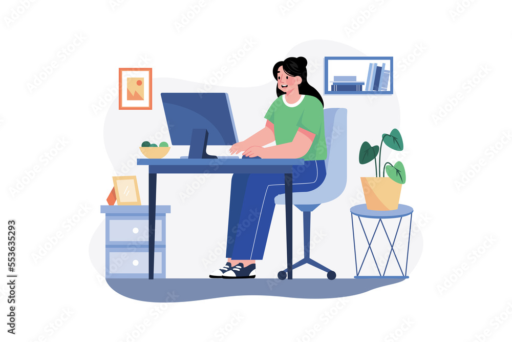 Woman Working From Home Illustration concept on white background