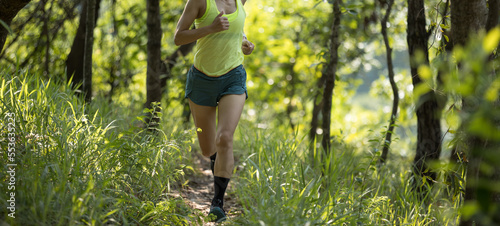 Canvas Print Fitness woman trail runner running in summer forest trail