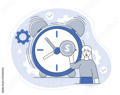 Short term investments. Young girl with coin stands near clock. Investing and financial literacy, passive income. Economy and traiding. Poster or banner for website. Cartoon flat vector illustration