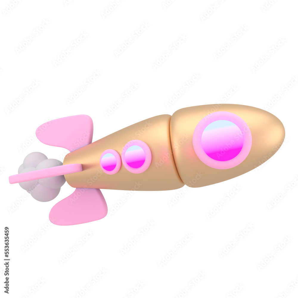 3d cartoon style minimal spaceship rocket icon. Toy rocket upswing ,spewing smoke. Startup, space, business concept. 3d cartoon style minimal spaceship rocket icon. Toy rocket upswing ,spewing smoke. Startup, space, business concept.