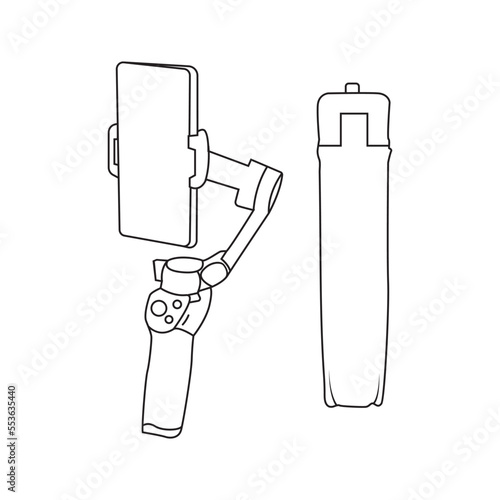 mobile phone holding selfie stick and their box line art vector.
