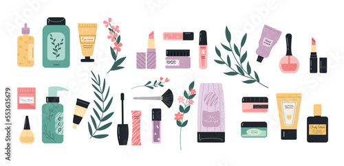 Beauty cosmetic set. Collection of stickers for social networks and messengers. Skin care, beauty and hygiene. Creams and sprays. Cartoon flat vector illustrations isolated on white background