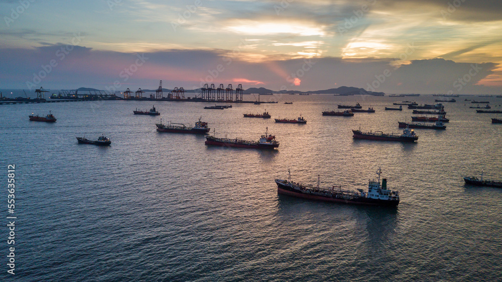 Aerial view oil and gas tanker ship industrial crude oil fuel and petrochemical tanker ship, Global business import export oil and gas petrochemical with tanker ship.