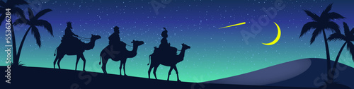 vector of three kings walking in the desert towards belen, three magics kings walking in the starry night, wise kings, reyes magos