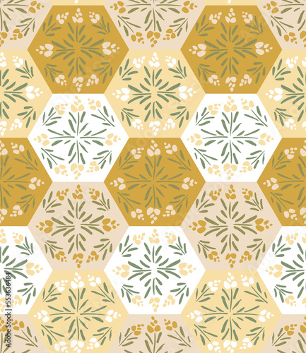 Hexagon flower tiles with hand painted little flowers in a neutral subtle color palette of mustard, light yellow, peach, white and green. Great for home decor, fabric, wallpaper, gift-wrap, stationery