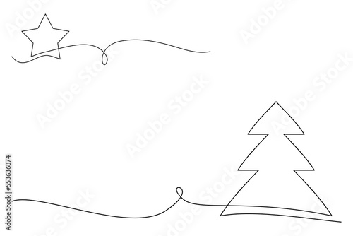 Świąteczne tło z choinką i gwiazdą bożonarodzeniową rysowane jedną linią. Proste tło do projektów. Białe tło z ilustracją wektorową z miejscem na tekst.