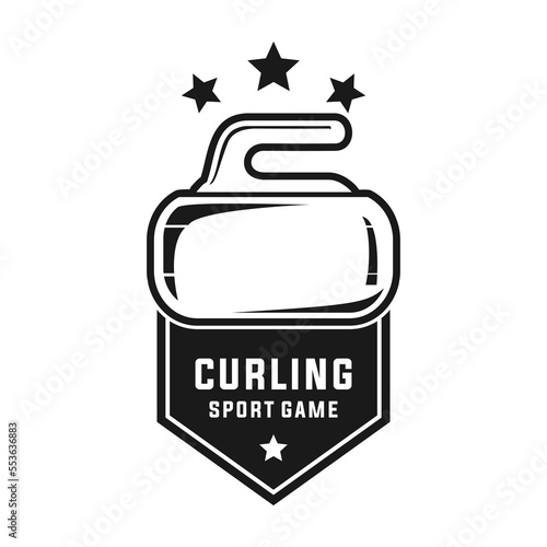 curling sport badge vector template. sport graphic illustration in ribbon patch style.