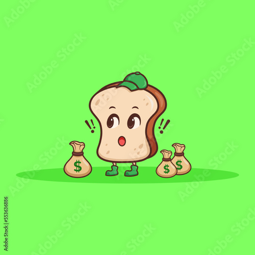 Cute adorable cartoon rich brown bread flexing money illustration for sticker icon mascot and logo