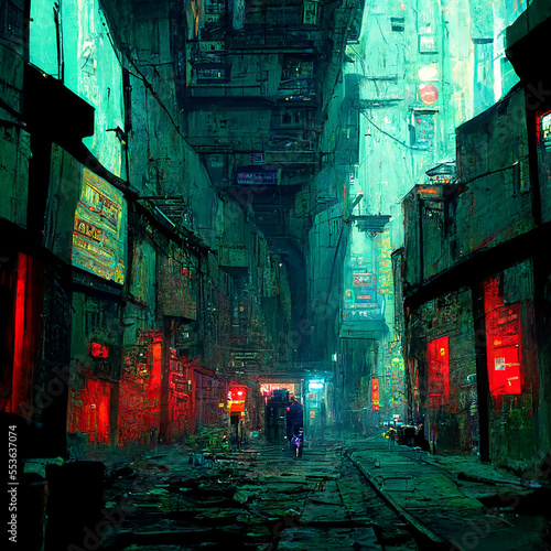 Ai generated cyberpunk broken alley. Created using ai generative.  photo