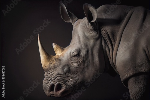 Tela African white rhino in the studio dark background, generative ai