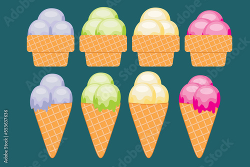 Cone ice cream with various flavors. Vector illustration of delicious ice cream in vanilla, green tea and other interesting flavors