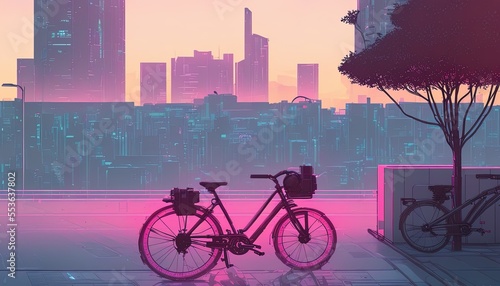 a couple of bikes parked next to a tree, cyberpunk art