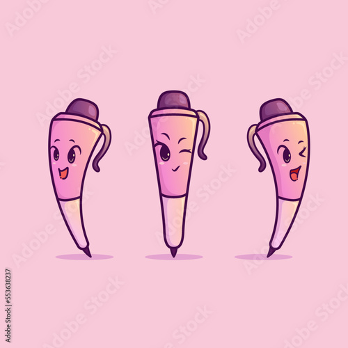 Cute adorable cartoon stationery pink pen pencil girl illustration for sticker icon mascot and logo