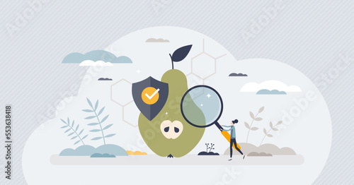 Food safety control with hygiene checking and inspection tiny person concept. Hazard and poisoning awareness for safe grocery consumption vector illustration. Health disease prevention from bacteria.