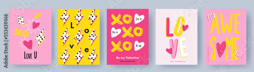 Creative concept of Happy Valentines Day posters, cards set. Modern Design templates with hand drawn doodle hearts, XO symbol and Love typography for celebration, decor, ads, branding, banner, cover
