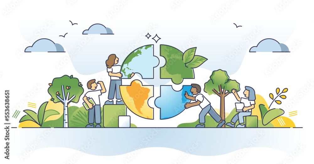 Ecology puzzle as climate awareness and care from community outline concept. Social cooperation to save oceans, forests and earth for sustainable and environmental global future vector illustration. - obrazy, fototapety, plakaty 