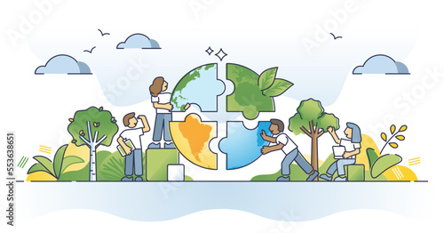 Ecology puzzle as climate awareness and care from community outline concept. Social cooperation to save oceans, forests and earth for sustainable and environmental global future vector illustration.