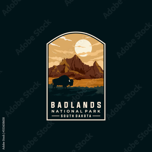 Badlands national park vector template. South Dakota landmark illustration in patch emblem style. photo