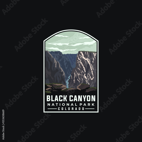 Black Canyon national park vector template. Colorado landmark illustration in patch emblem style.