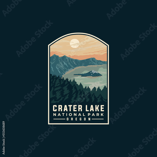 Crater Lake national park vector template. Oregon landmark illustration in patch emblem style.