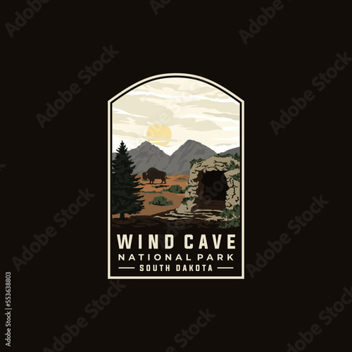 Wind Cave national park vector template. South Dakota landmark illustration in patch emblem style.