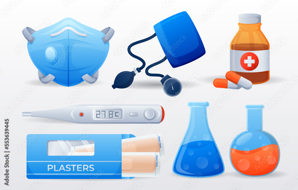 Set of medical and scientific equipments . N95 mask . Sphygmomanometer . Medicine bottle . Thermometer . Plasters . Test tube . Vector . Set of medical and scientific equipments . N95 mask . Sphygmomanometer . Medicine bottle . Thermometer . Plasters . Test tube . Vector .