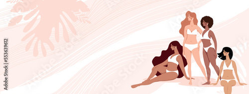 Copy space background with multiracial group of girls in lingerie for beauty spa salon, women s health and beauty, menstruation and self love banner. Vector banner flat design.