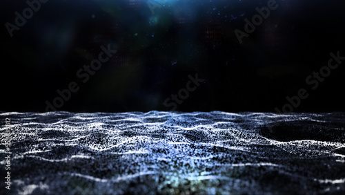 Beautiful blue glowing particles flow in bright glisten. Flying lights particles on a dark background. Bokeh wave background with glitter. Cyber or technology flowing particles wave background.