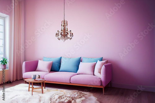 Fototapeta Naklejka Na Ścianę i Meble -  Mockup frame in interior background, room in light pastel colors, Scandi-Boho style, 3d rende home, living room. ... Similar ideas popular now. Living Room. Interior Design. Home Decor. Room Decor. De