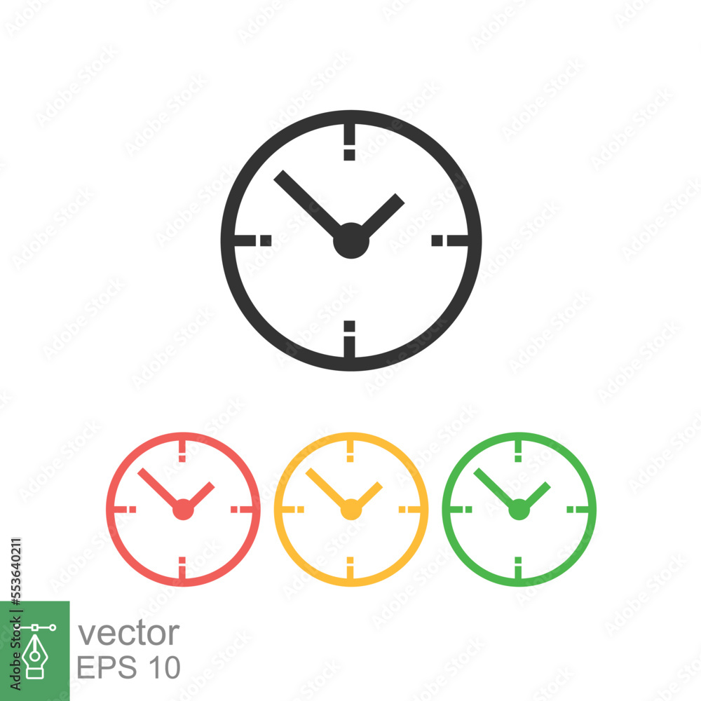 Clock icon. Simple flat style. Circle wall clock face, day, night, black, red, yellow, green color, business concept. Vector illustration isolated on white background. EPS 10. Clock icon. Simple flat style. Circle wall clock face, day, night, black, red, yellow, green color, business concept. Vector illustration isolated on white background. EPS 10.