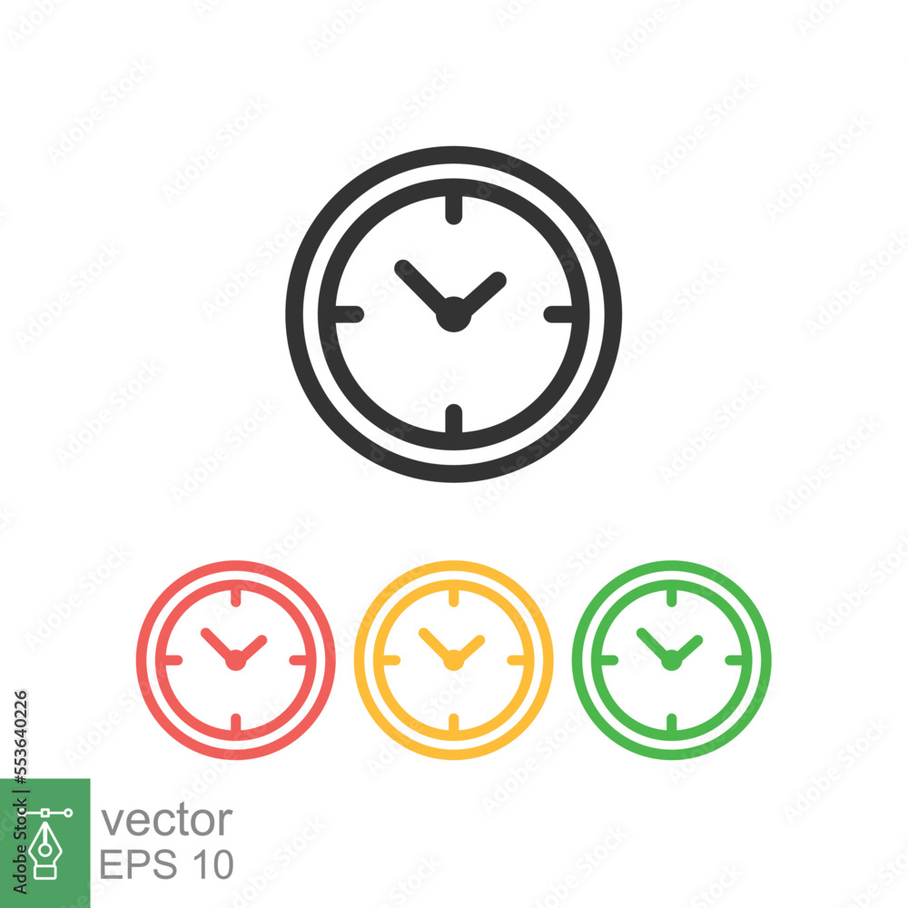 Clock icon. Simple flat style. Circle wall clock face, day, night, black, red, yellow, green color, business concept. Vector illustration isolated on white background. EPS 10. Clock icon. Simple flat style. Circle wall clock face, day, night, black, red, yellow, green color, business concept. Vector illustration isolated on white background. EPS 10.