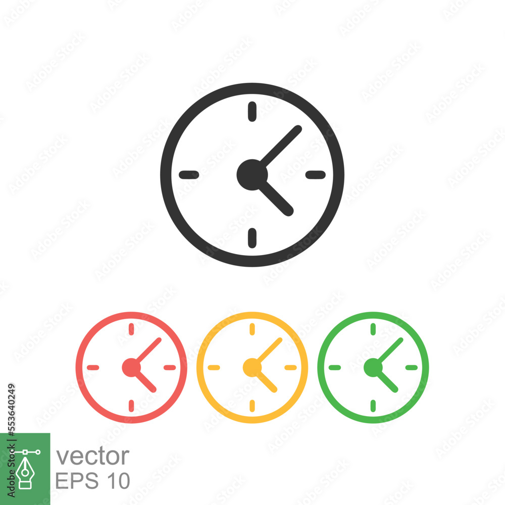 Clock icon. Simple flat style. Circle wall clock face, day, night, black, red, yellow, green color, business concept. Vector illustration isolated on white background. EPS 10. Clock icon. Simple flat style. Circle wall clock face, day, night, black, red, yellow, green color, business concept. Vector illustration isolated on white background. EPS 10.