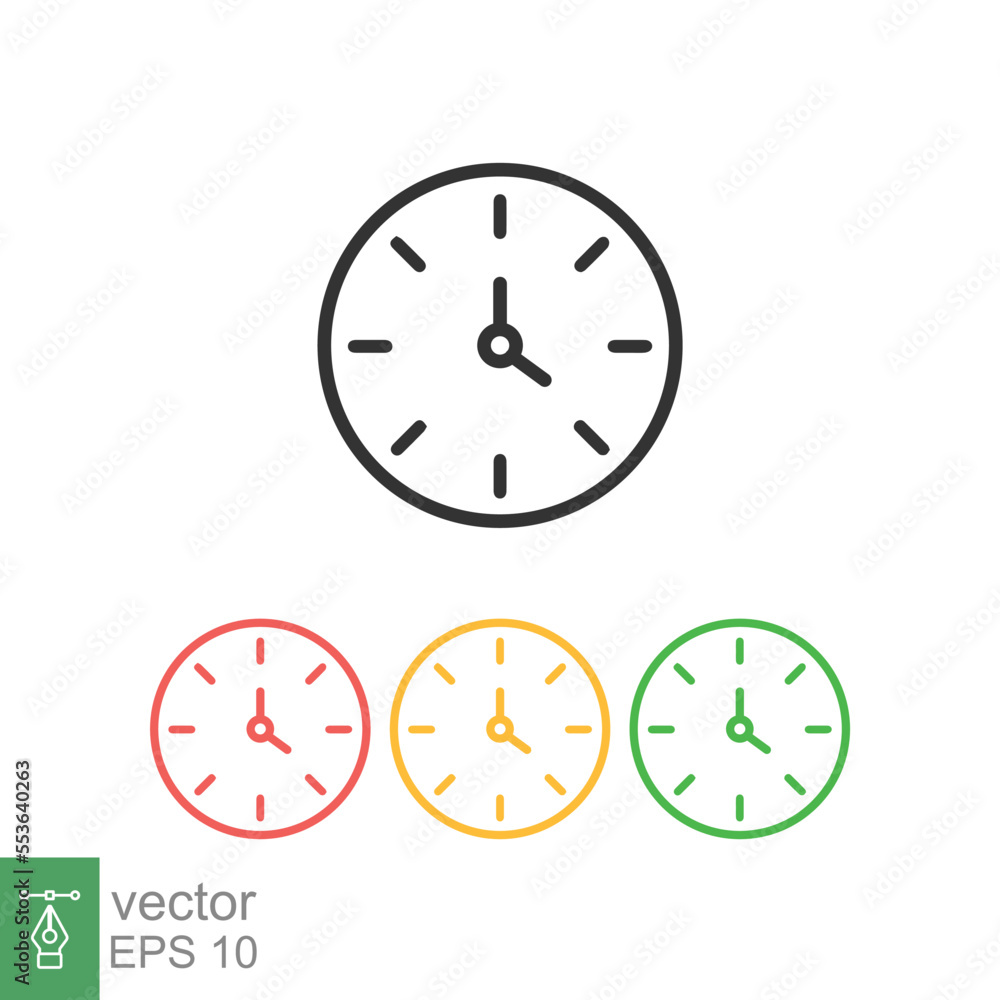 Clock icon. Simple flat style. Circle wall clock face, day, night, black, red, yellow, green color, business concept. Vector illustration isolated on white background. EPS 10. Clock icon. Simple flat style. Circle wall clock face, day, night, black, red, yellow, green color, business concept. Vector illustration isolated on white background. EPS 10.