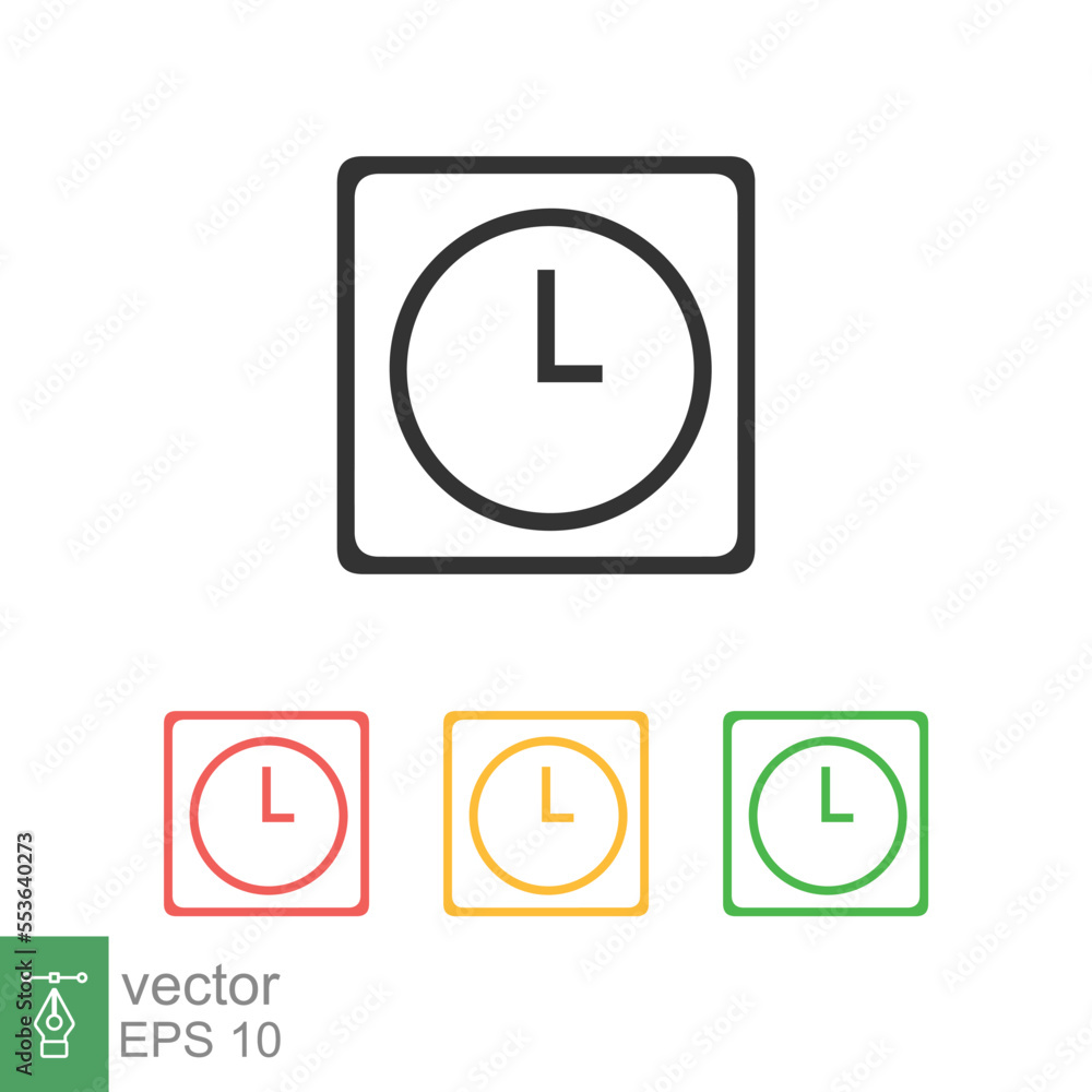 Clock icon. Simple flat style. Circle wall clock face, day, night, black, red, yellow, green color, business concept. Vector illustration isolated on white background. EPS 10. Clock icon. Simple flat style. Circle wall clock face, day, night, black, red, yellow, green color, business concept. Vector illustration isolated on white background. EPS 10.