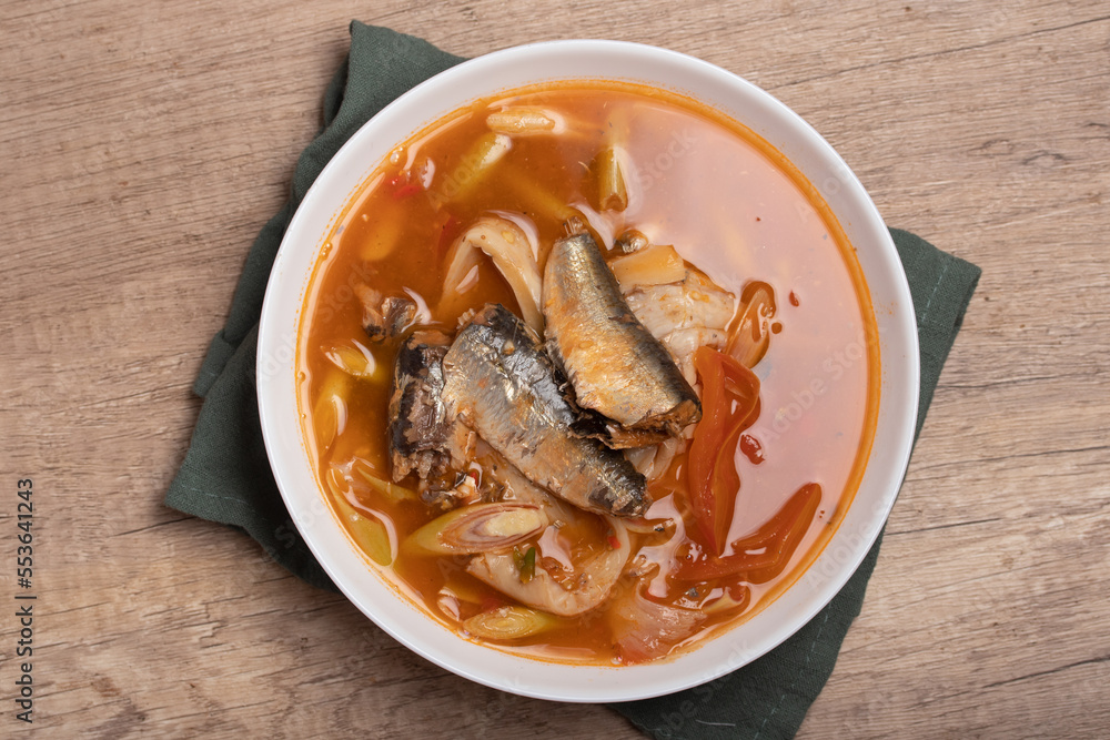 Tom Yum canned fish in a cup. Spicy soup.