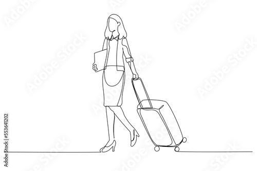 Illustration of businesswoman with a suitcase ready go to business meeting. Single line art style