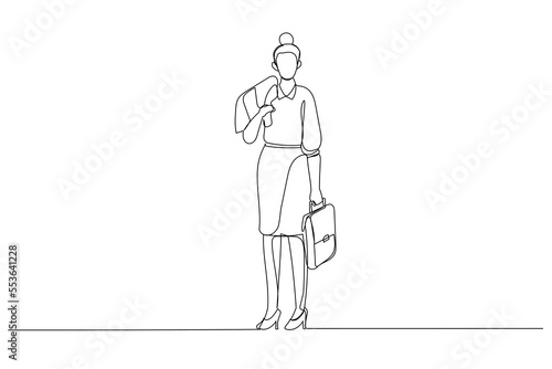 Drawing of pretty mature businesswoman holding jacket and briefcase. Continuous line art