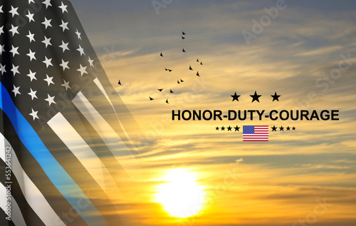 Thin Blue Line. American flag with police blue line on a background of sunset. Support of police and law enforcement. EPS10 vector