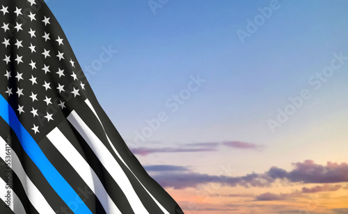Thin Blue Line. American flag with police blue line on a background of sunset. Support of police and law enforcement. EPS10 vector