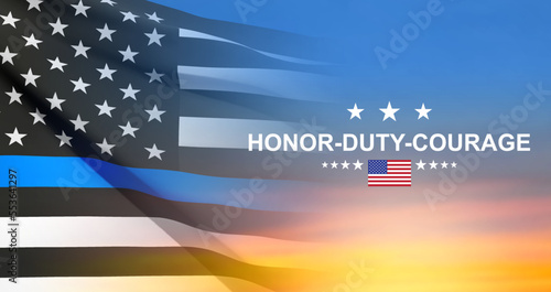 Thin Blue Line. American flag with police blue line on a background of sunset. Support of police and law enforcement. EPS10 vector