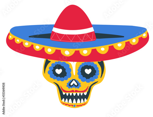 Skull with sombrero and paint, day of the dead