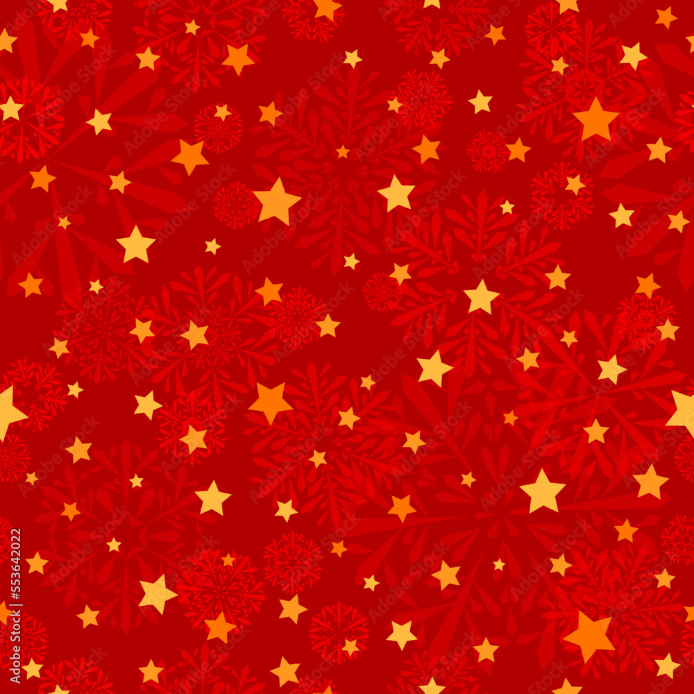 red winter repetitive background with snowflakes and gold stars. vector seamless pattern. fabric swatch. wrapping paper. continuous print. design element for greeting card, invitation red winter repetitive background with snowflakes and gold stars. vector seamless pattern. fabric swatch. wrapping paper. continuous print. design element for greeting card, invitation