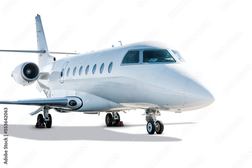 White modern corporate business jet isolated on transparent background