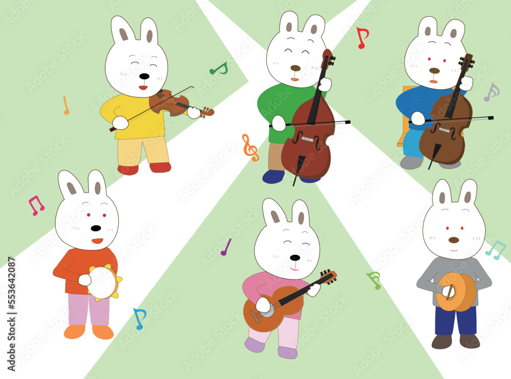 ウサギのコンサート。ウサギが歌を歌ったり楽器を演奏したりしている