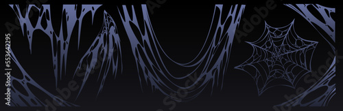 Spider web Halloween set, cobweb, spooky insect net collection design elements for greeting cards. Scary, horror decorative graphics isolated on black background, Cartoon vector illustration, clipart