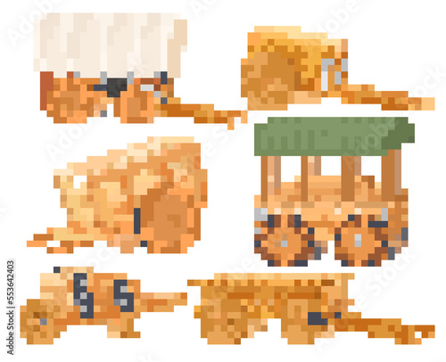 Wooden carts and wheelbarrow isolated vector set