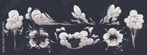 Comic smoke or dust clouds of speed motion, explosion or steam puff. Effects of cigarette fume, burst, bomb explode and speed trail, vector cartoon set isolated on background