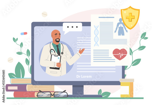 Online doctor on pc screen vector illustration